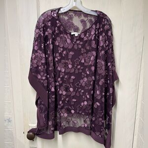 Oleg Cassini Burgundy Embroidered Floral Chiffon Top Sparkle Size 18W